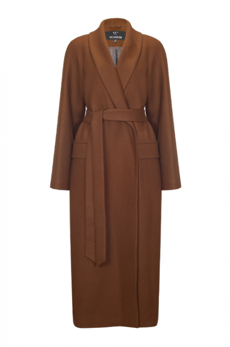 Wrap coat with shawl collar, camel