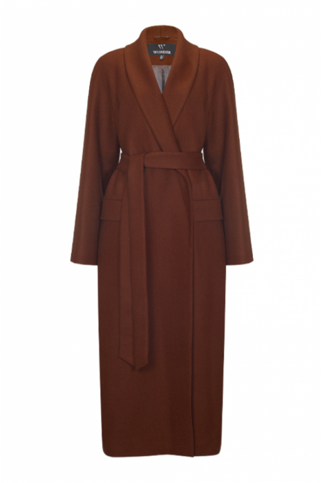 Wrap coat with shawl collar, terracotta