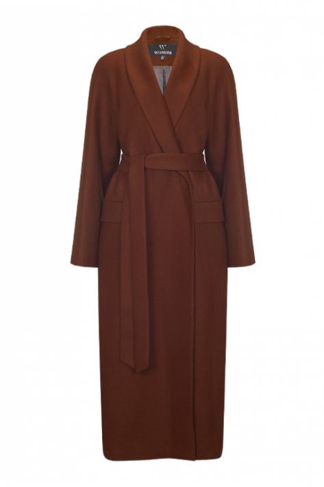 Wrap coat with shawl collar, terracotta