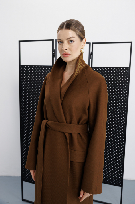 Wrap coat with shawl collar, camel