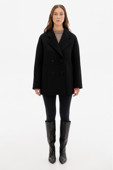 Cropped double-breasted insulated coat, black