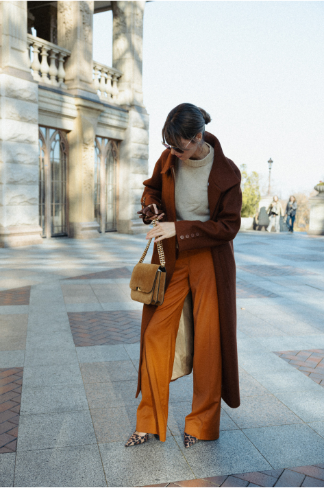 Coat with a high collar, terracotta