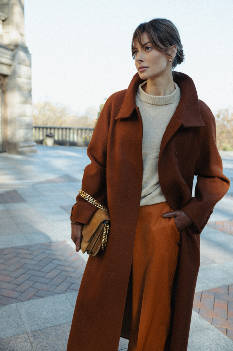 Coat with a high collar, terracotta