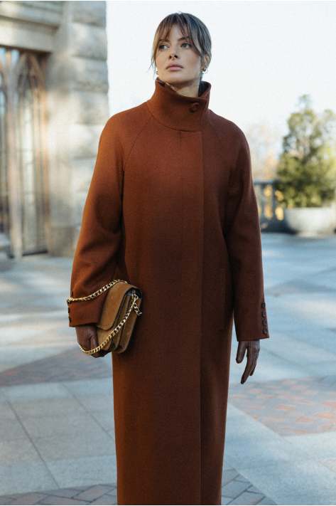 Coat with a high collar, terracotta