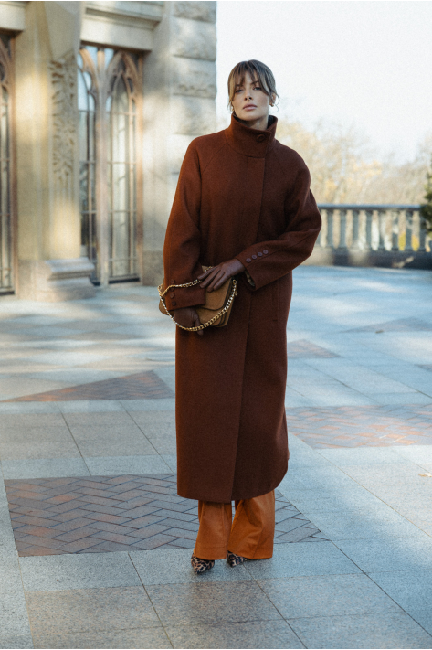 Coat with a high collar, terracotta