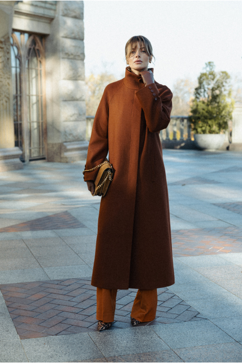 Coat with a high collar, terracotta