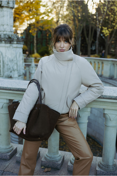 Short down jacket with a stand-up collar, beige