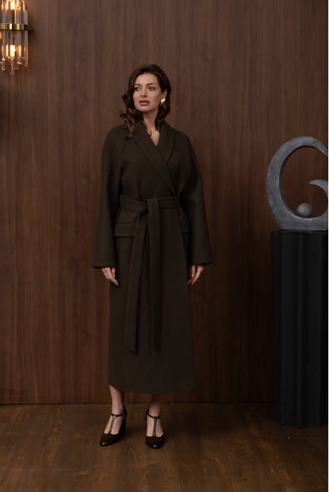 Wrap coat with shawl collar, khaki
