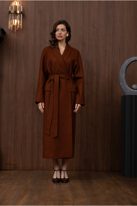 Wrap coat with shawl collar, terracotta