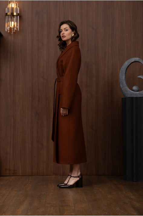 Wrap coat with shawl collar, terracotta