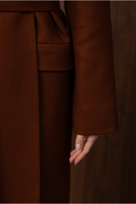 Wrap coat with shawl collar, terracotta