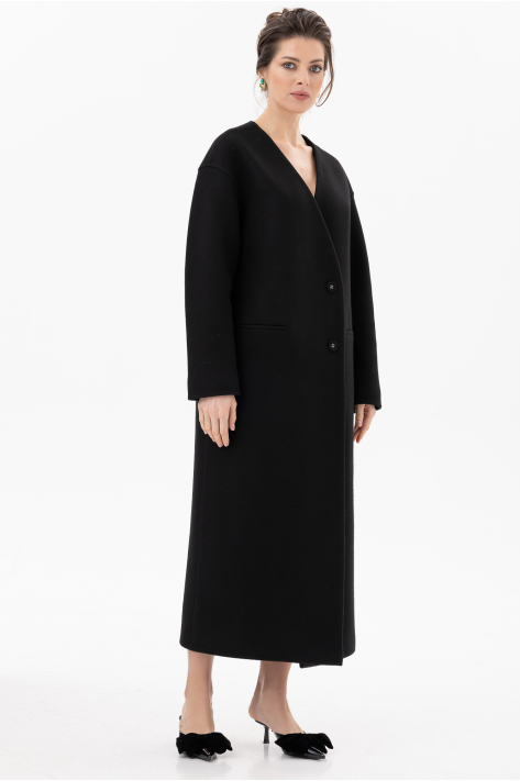 Buttoned Collarless V-neckline Coat, black