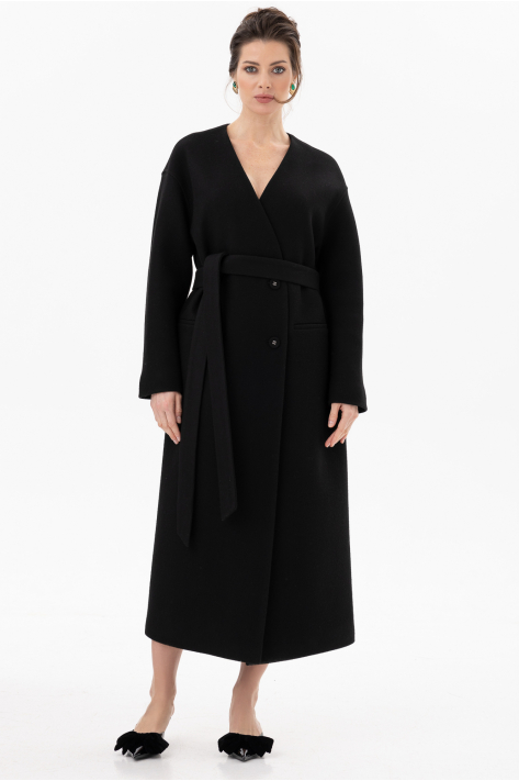 Buttoned Collarless V-neckline Coat, black