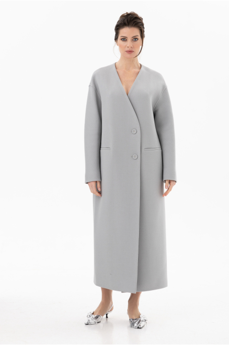 Buttoned Collarless V-neckline Coat, gray