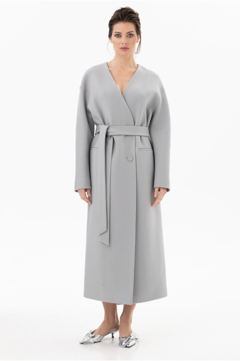 Buttoned Collarless V-neckline Coat, gray