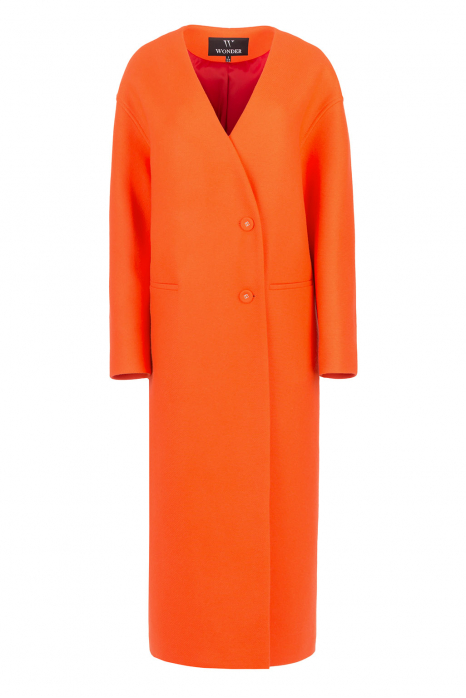 Buttoned Collarless V-neckline Coat, orange