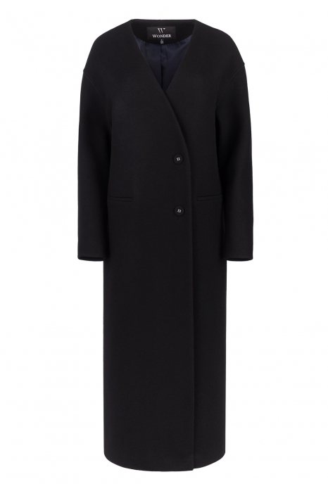 Buttoned Collarless V-neckline Coat, black