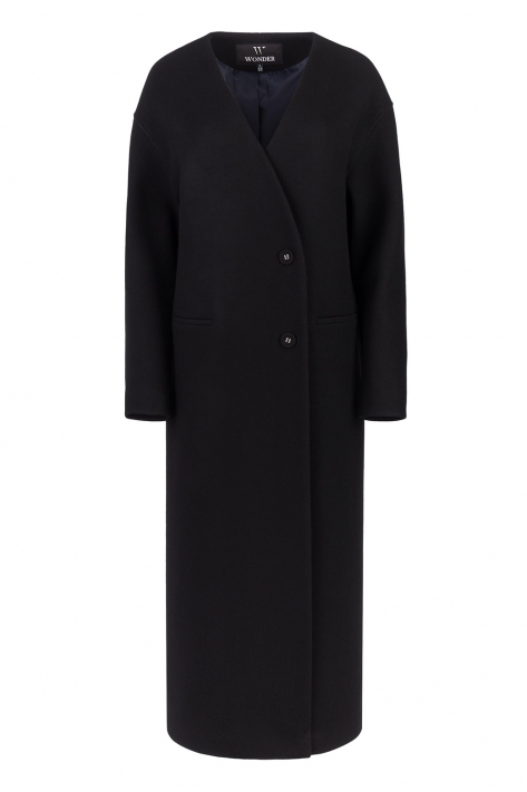 Buttoned Collarless V-neckline Coat, black
