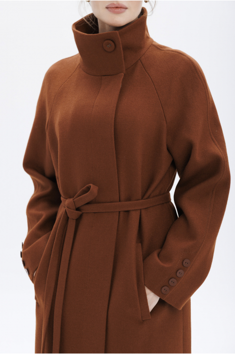 Coat with a high collar, terracotta
